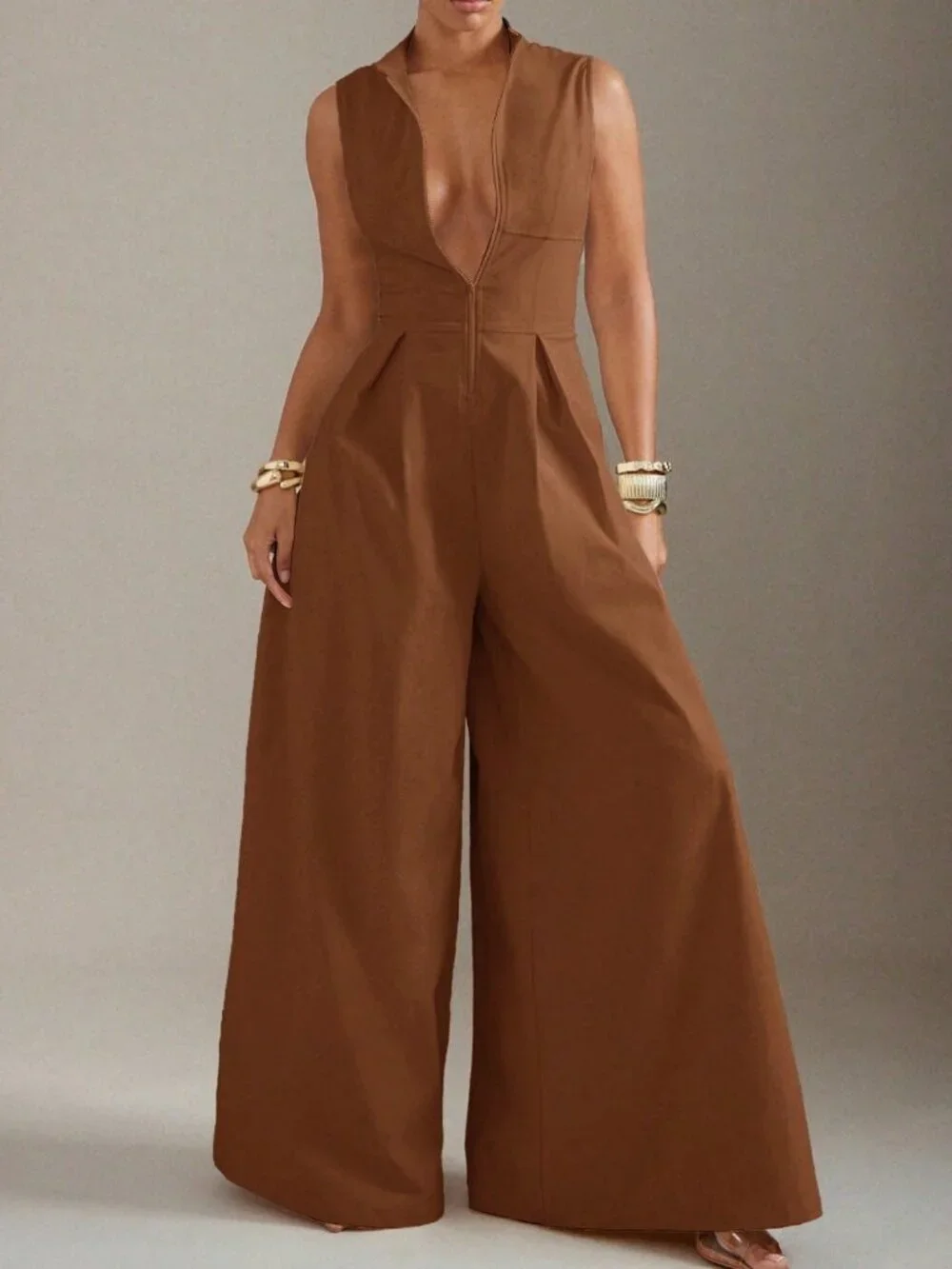 Rust Brown Elegant Women's Extreme Wide Leg Zip Front Sleeveless Jumpsuit